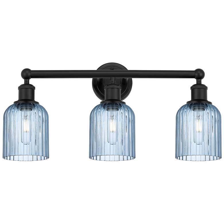 Image 1 Edison Bridal Veil 3 Light 23" Bath Vanity Matte Black Princess Blue Shade
