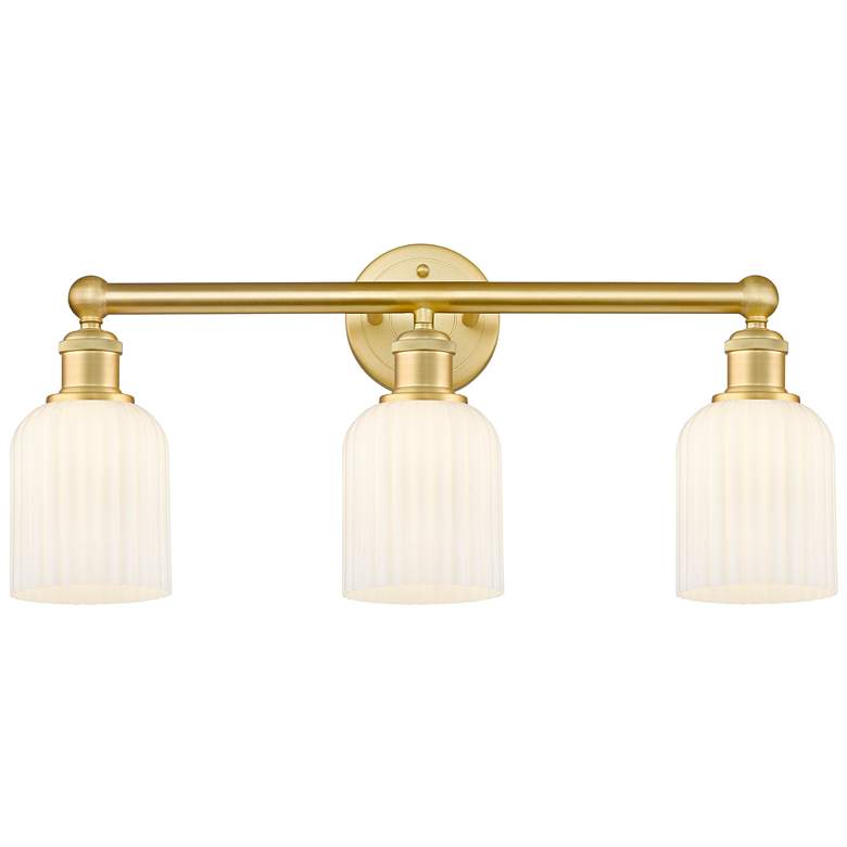 Image 1 Edison Bridal Veil 3 Light 23" Bath Vanity Satin Gold Gloss White Shade
