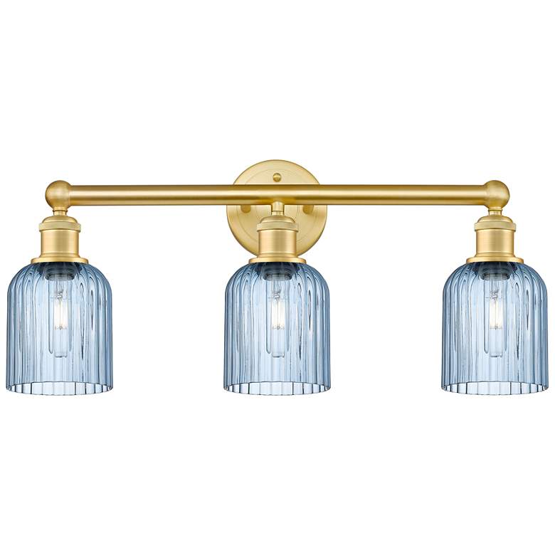 Image 1 Edison Bridal Veil 3 Light 23" Bath Vanity Satin Gold Princess Blue Shade