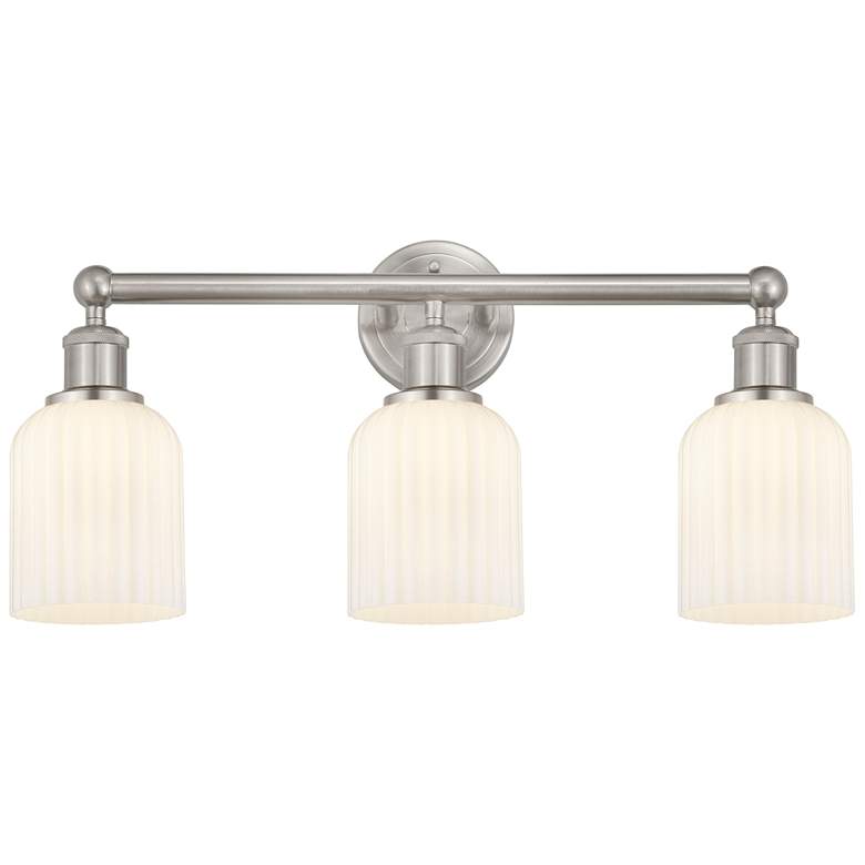 Image 1 Edison Bridal Veil 3 Light 23" Bath Vanity Satin Nickel Gloss White Shade