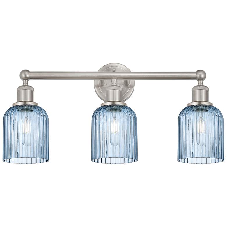 Image 1 Edison Bridal Veil 3 Light 23" Bath Vanity Satin Nickel Princess Blue Shade