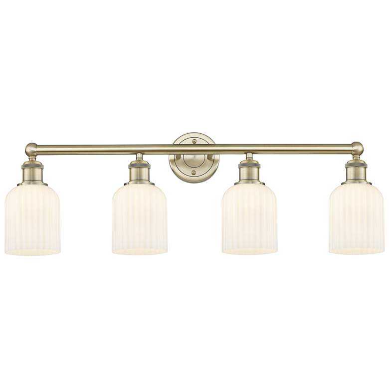 Image 1 Edison Bridal Veil 4 Light 32" Bath Vanity Antique Brass Gloss White Shade