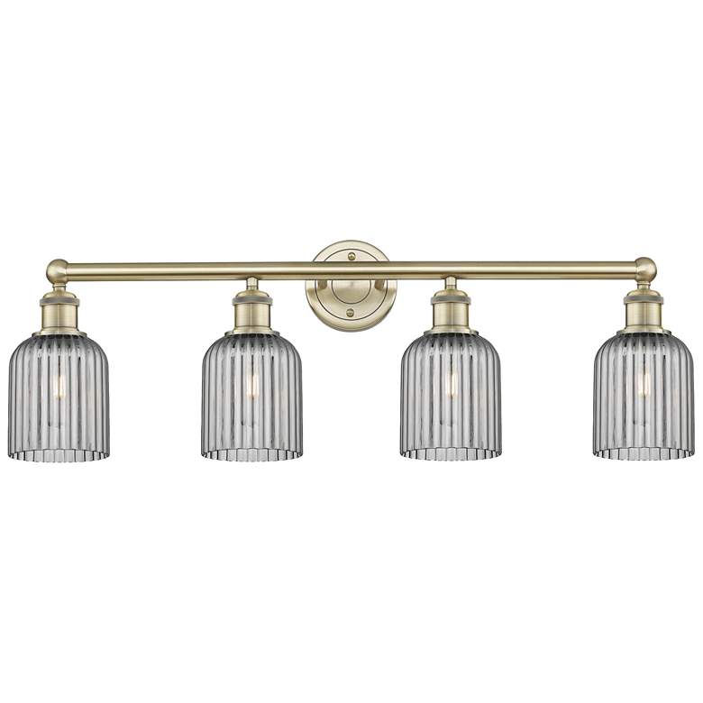 Image 1 Edison Bridal Veil 4 Light 32" Bath Vanity Antique Brass Light Smoke Shade