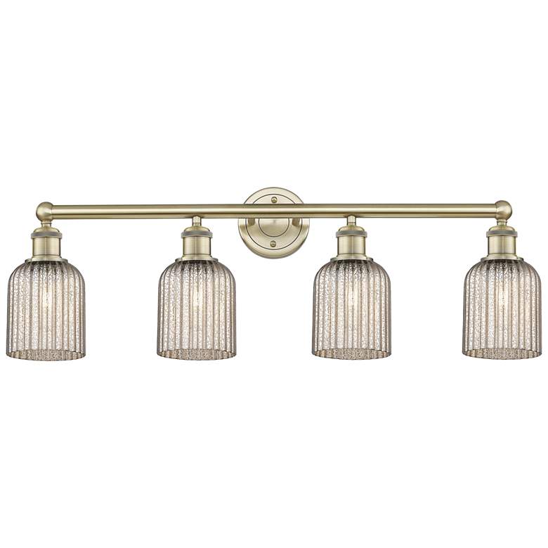 Image 1 Edison Bridal Veil 4 Light 32" Bath Vanity Antique Brass Mercury Shade