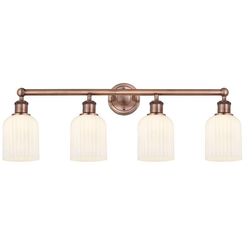 Image 1 Edison Bridal Veil 4 Light 32" Bath Vanity Antique Copper Gloss White Shade