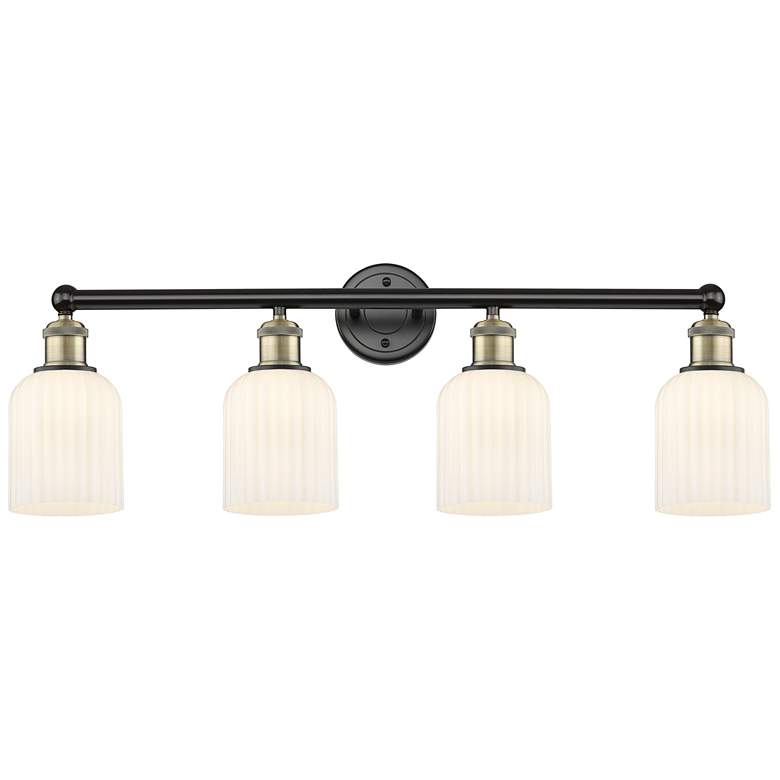 Image 1 Edison Bridal Veil 4 Light 32" Bath Vanity Black Brass Gloss White Shade