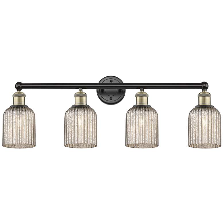 Image 1 Edison Bridal Veil 4 Light 32" Bath Vanity Black Brass Mercury Shade