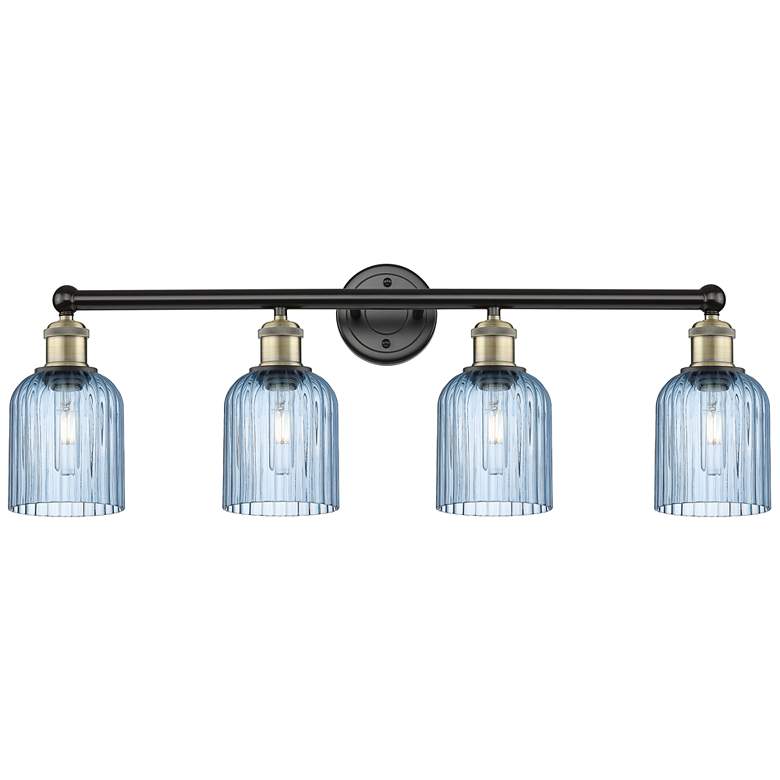 Image 1 Edison Bridal Veil 4 Light 32" Bath Vanity Black Brass Princess Blue Shade