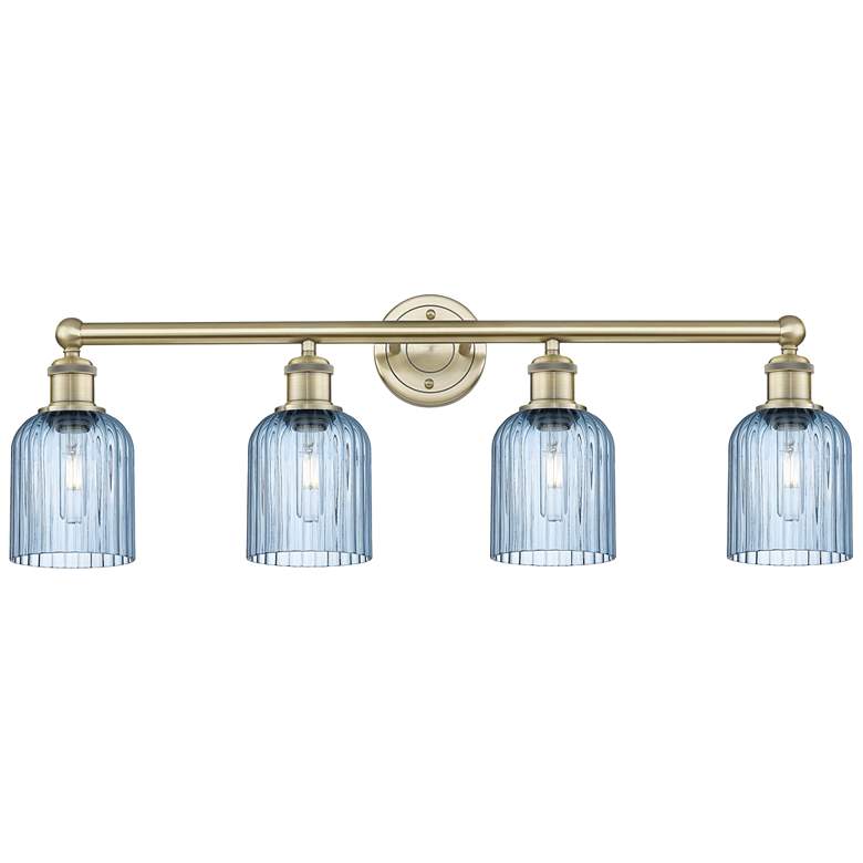 Image 1 Edison Bridal Veil 4 Light 32" Bath Vanity Brass Princess Blue Shade