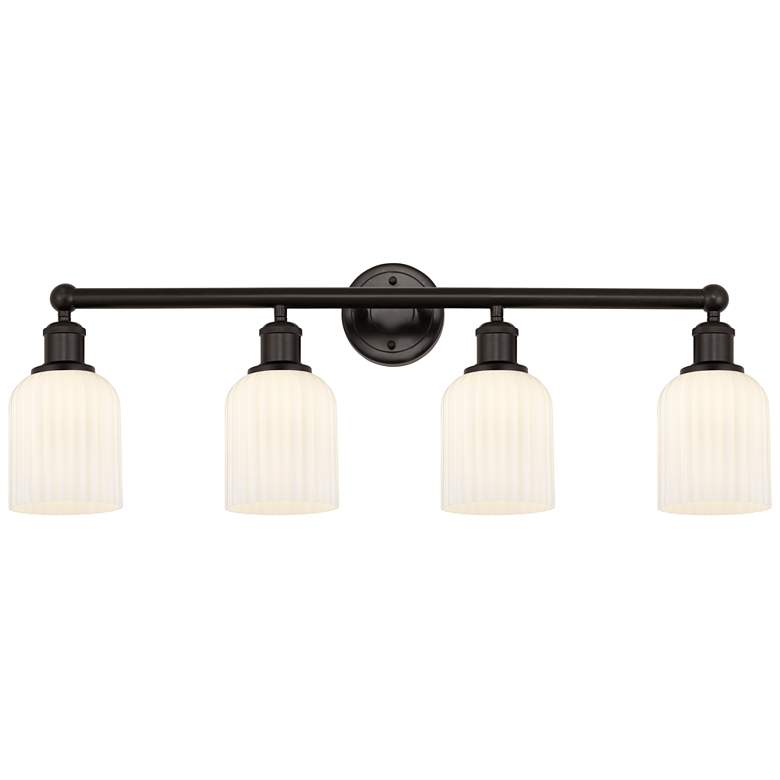 Image 1 Edison Bridal Veil 4 Light 32" Bath Vanity Bronze Gloss White Shade