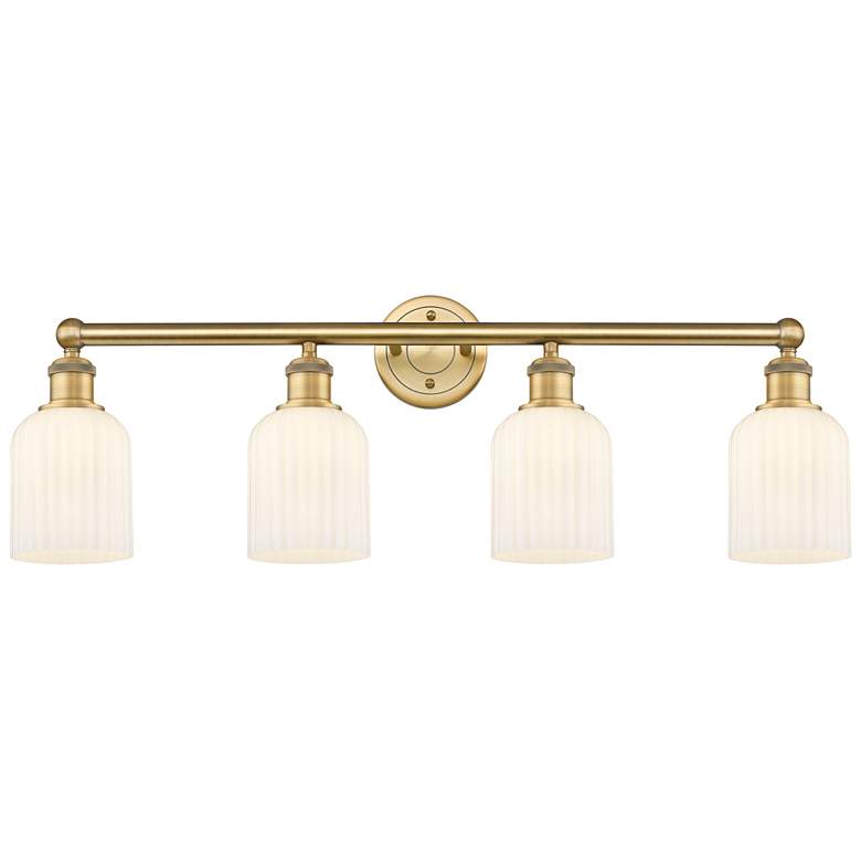 Image 1 Edison Bridal Veil 4 Light 32" Bath Vanity Brushed Brass Gloss White Shade