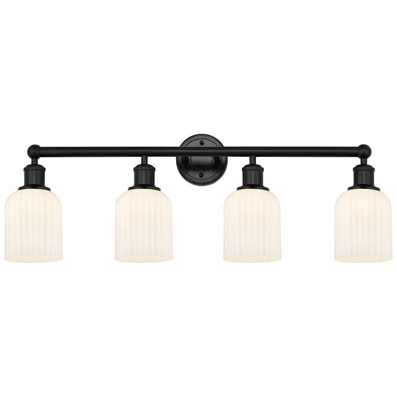 Image 1 Edison Bridal Veil 4 Light 32" Bath Vanity Matte Black Gloss White Shade