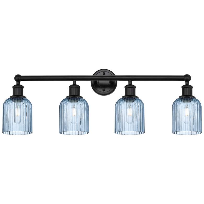 Image 1 Edison Bridal Veil 4 Light 32" Bath Vanity Matte Black Princess Blue Shade