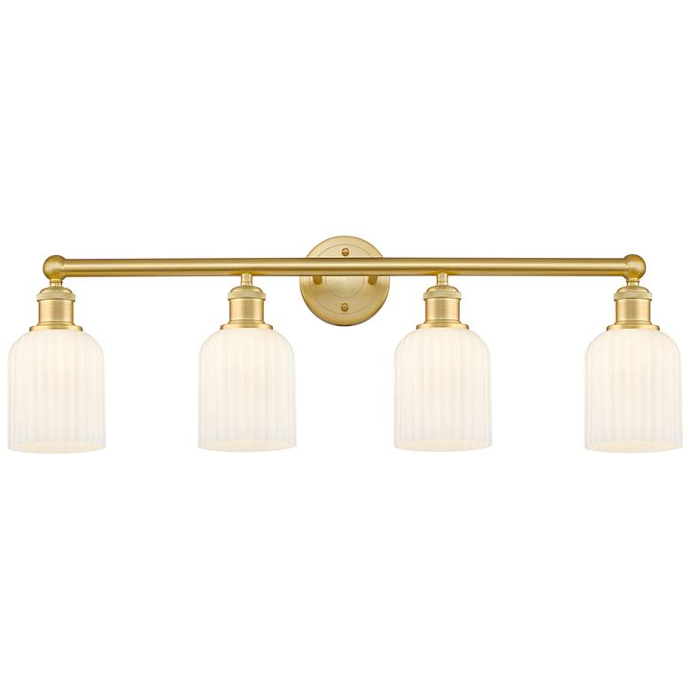Image 1 Edison Bridal Veil 4 Light 32" Bath Vanity Satin Gold Gloss White Shade