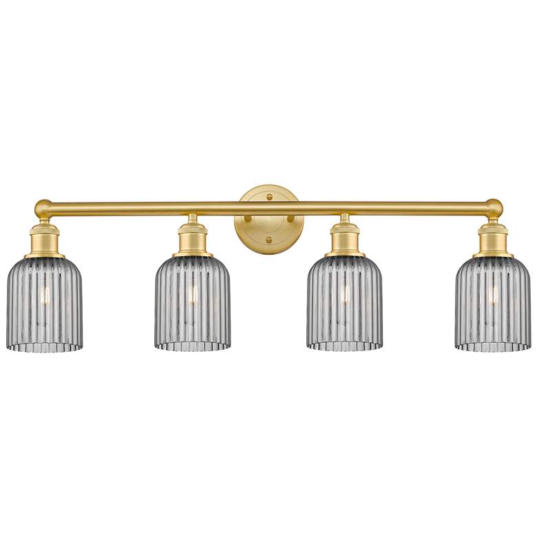 Image 1 Edison Bridal Veil 4 Light 32" Bath Vanity Satin Gold Light Smoke Shade