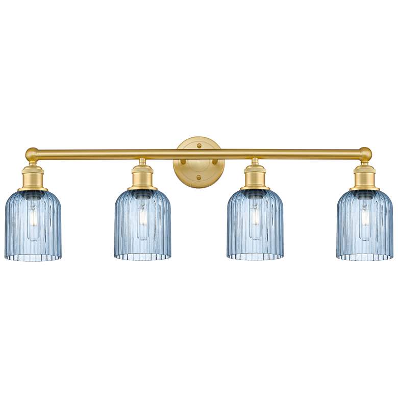 Image 1 Edison Bridal Veil 4 Light 32" Bath Vanity Satin Gold Princess Blue Shade