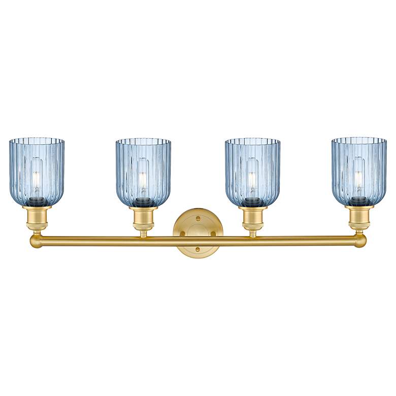 Image 2 Edison Bridal Veil 4 Light 32" Bath Vanity Satin Gold Princess Blue Shade more views