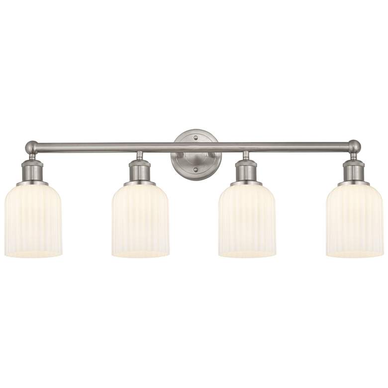 Image 1 Edison Bridal Veil 4 Light 32" Bath Vanity Satin Nickel Gloss White Shade