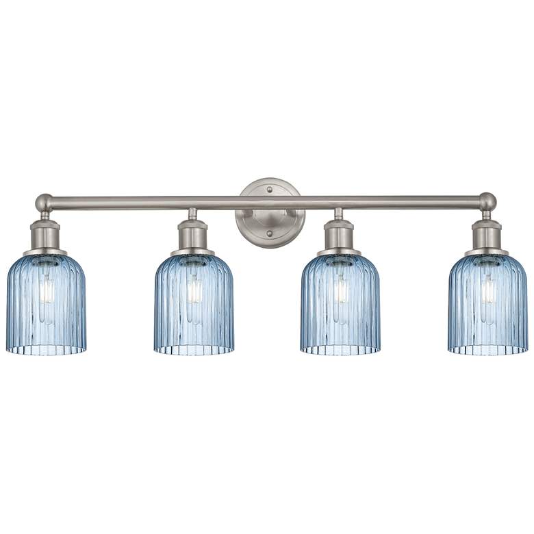 Image 1 Edison Bridal Veil 4 Light 32" Bath Vanity Satin Nickel Princess Blue Shade