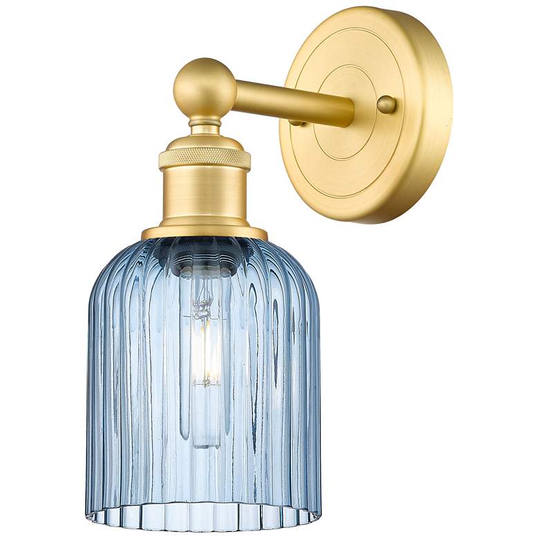 Image 1 Edison Bridal Veil 5" Sconce Satin Gold Finish Princess Blue Shade