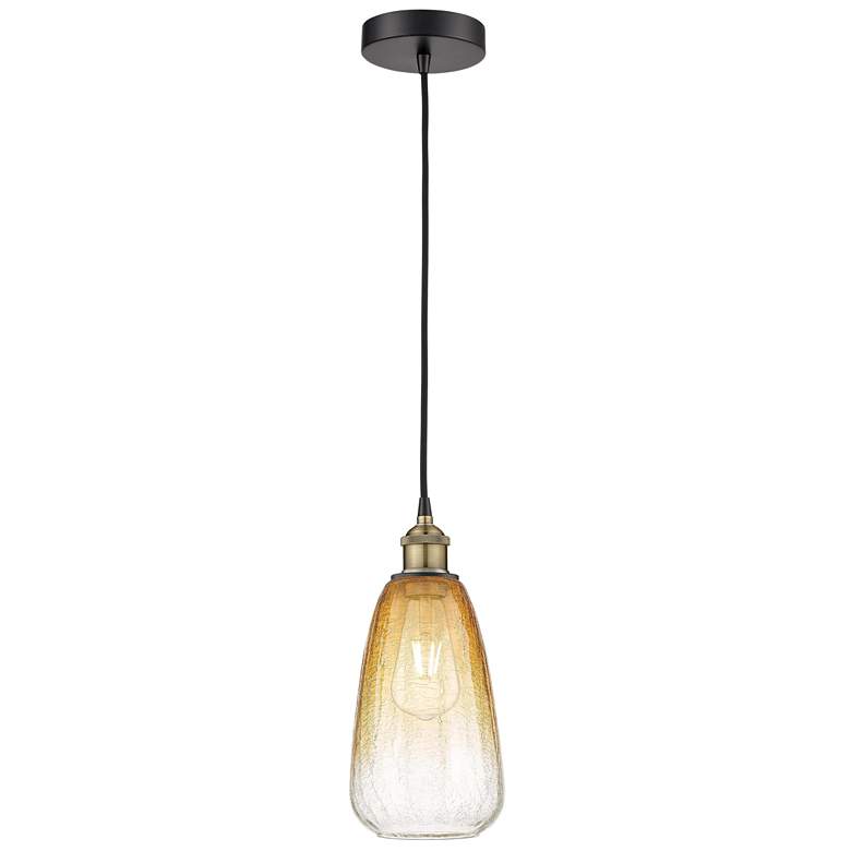 Image 1 Edison Brookhaven Almond 6"W Black Brass Cord Pendant w/ Amber Shade