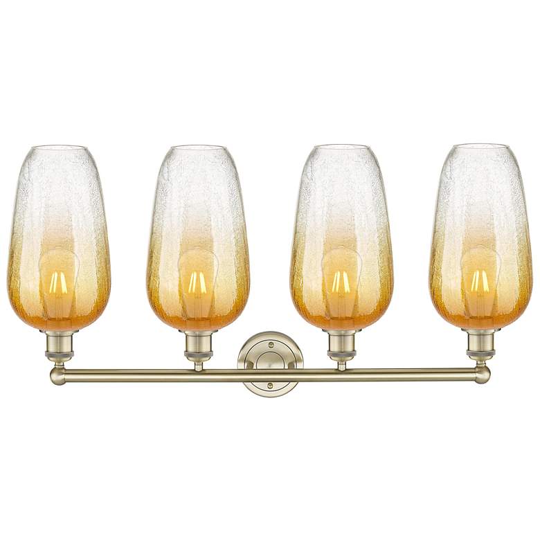 Image 2 Edison Brookhaven Flute 34"W 4 Light Brass Vanity Light w/ Amber Shade more views