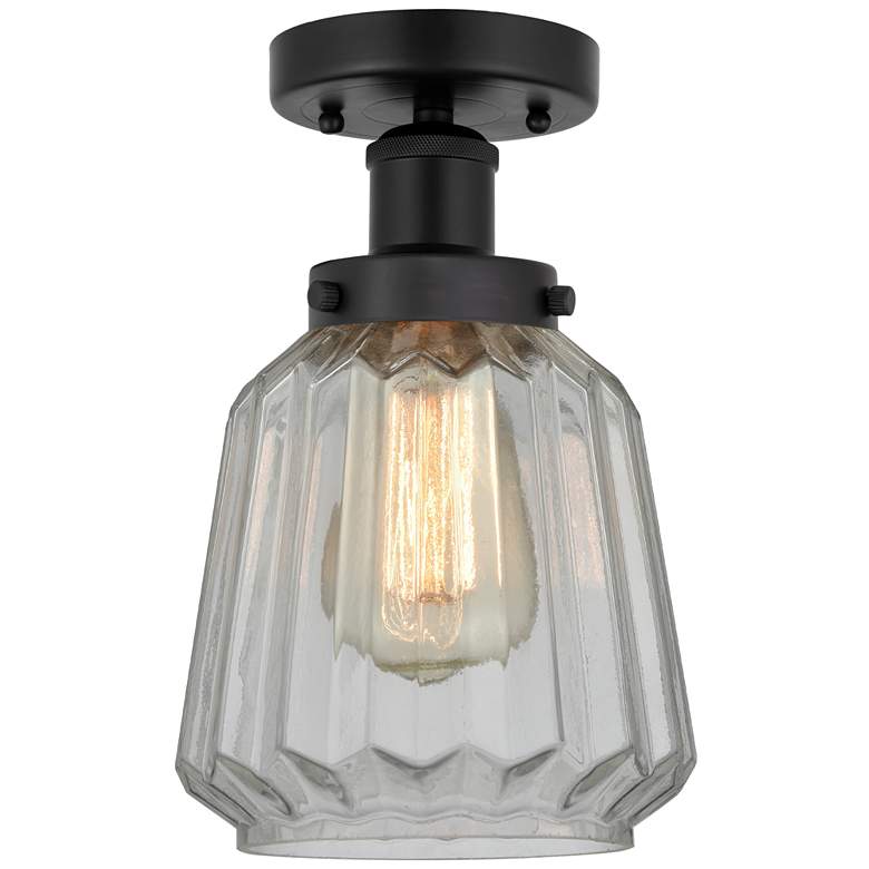 Image 1 Edison Chatham 7" Matte Black Semi Flush Mount w/ Matte White Shade
