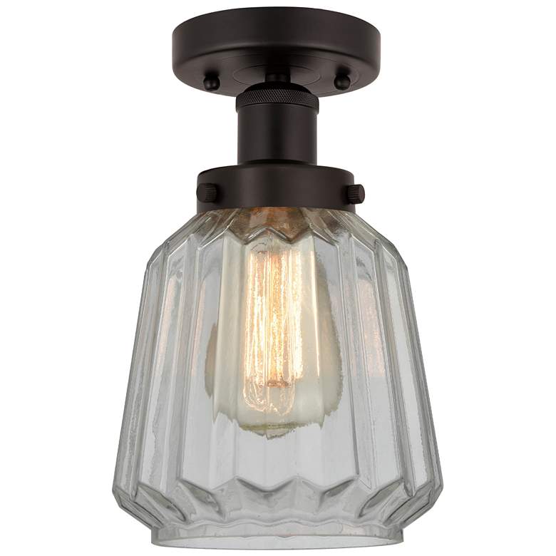 Image 1 Edison Chatham 7" Oil Rubbed Bronze Semi Flush Mount w/ Matte White Sh
