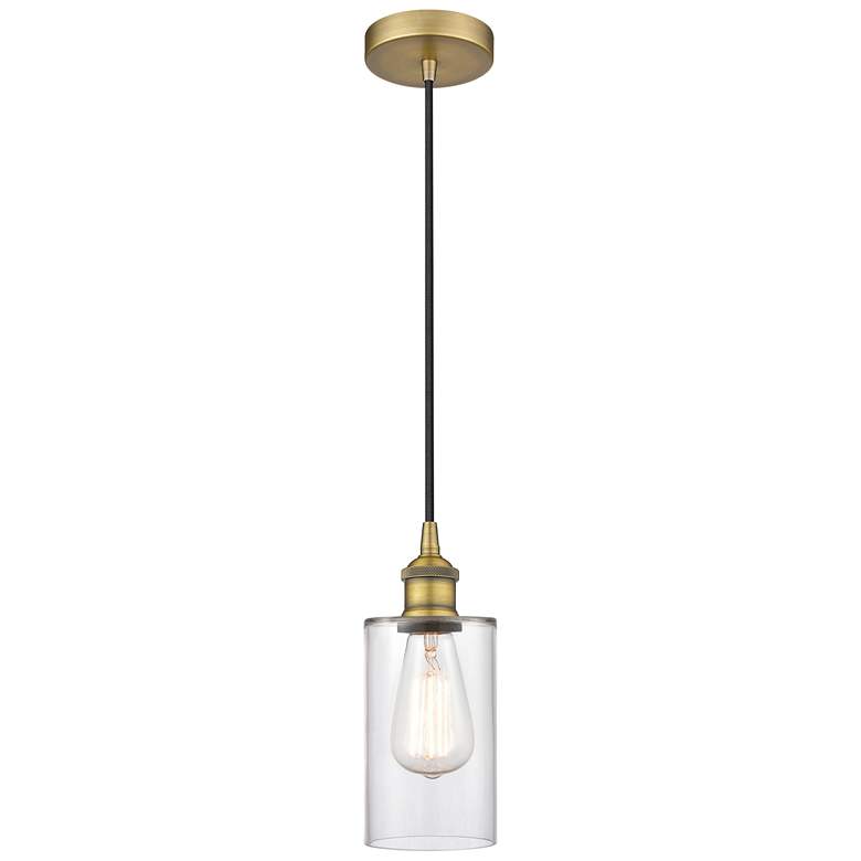 Image 1 Edison Clymer 4" Brushed Brass Cord Hung Mini Pendant w/ Clear Shade