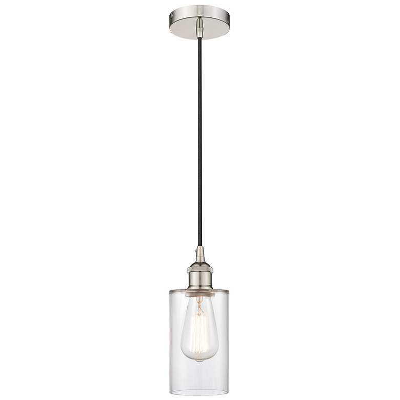 Image 1 Edison Clymer 4 inch Polished Nickel Cord Hung Mini Pendant w/ Clear Shade