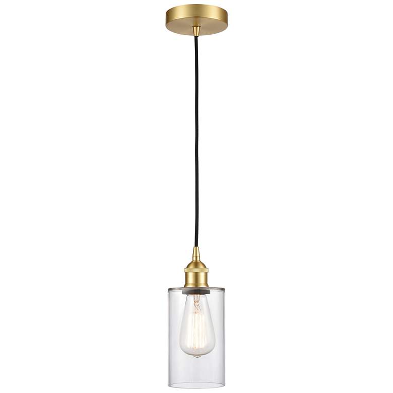 Image 1 Edison Clymer 4" Satin Gold Cord Hung Mini Pendant w/ Clear Shade