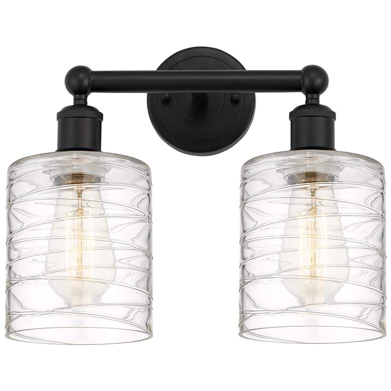Image 1 Edison Cobbleskill 14" 2-Light Matte Black Bath Light w/ Deco Swirl Sh
