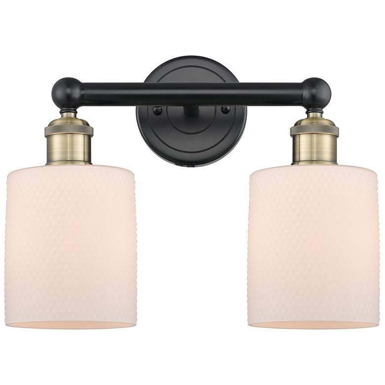 Image 1 Edison Cobbleskill 14"W 2 Light Black Brass Bath Light With White Shad
