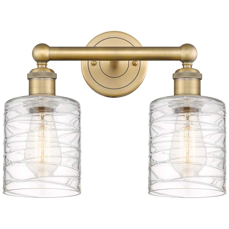 Image 1 Edison Cobbleskill 14"W 2 Light Brushed Brass Bath Light w/ Swirl Shad