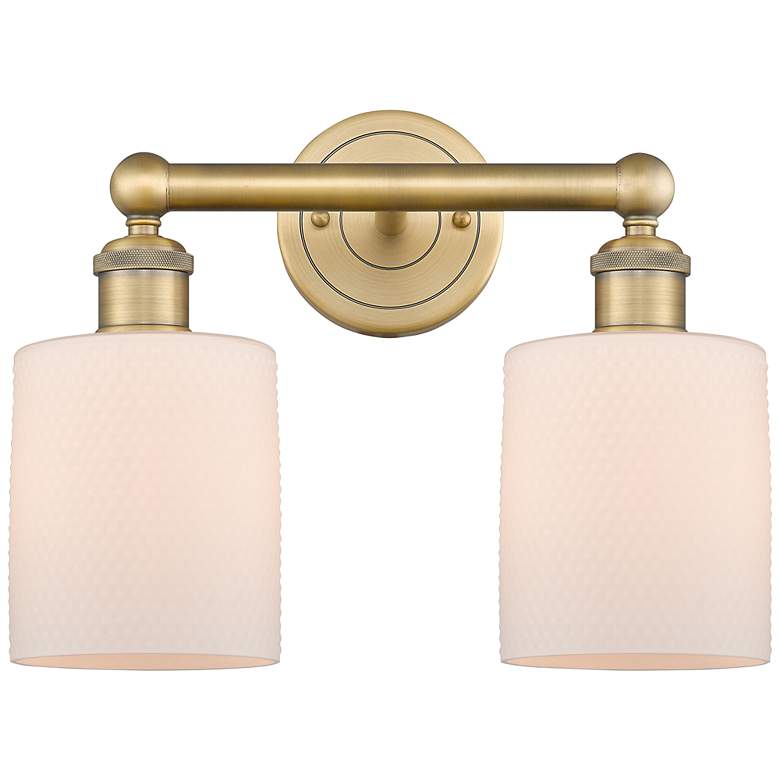 Image 1 Edison Cobbleskill 14 inchW 2 Light Brushed Brass Bath Light With White Sh