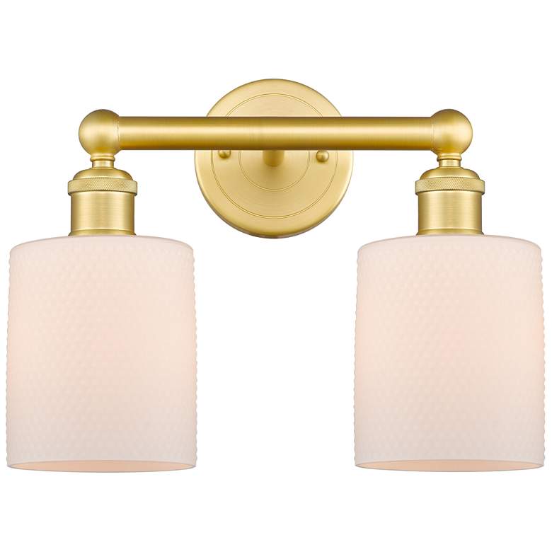 Image 1 Edison Cobbleskill 14"W 2 Light Satin Gold Bath Light With White Shade