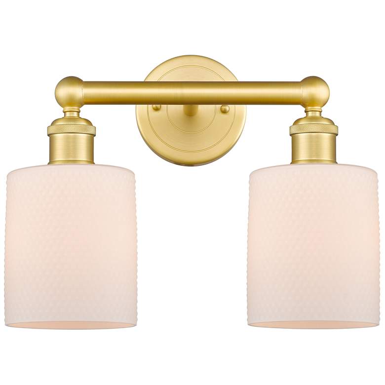 Image 1 Edison Cobbleskill 14 inchW 2 Light Satin Gold Bath Light With White Shade