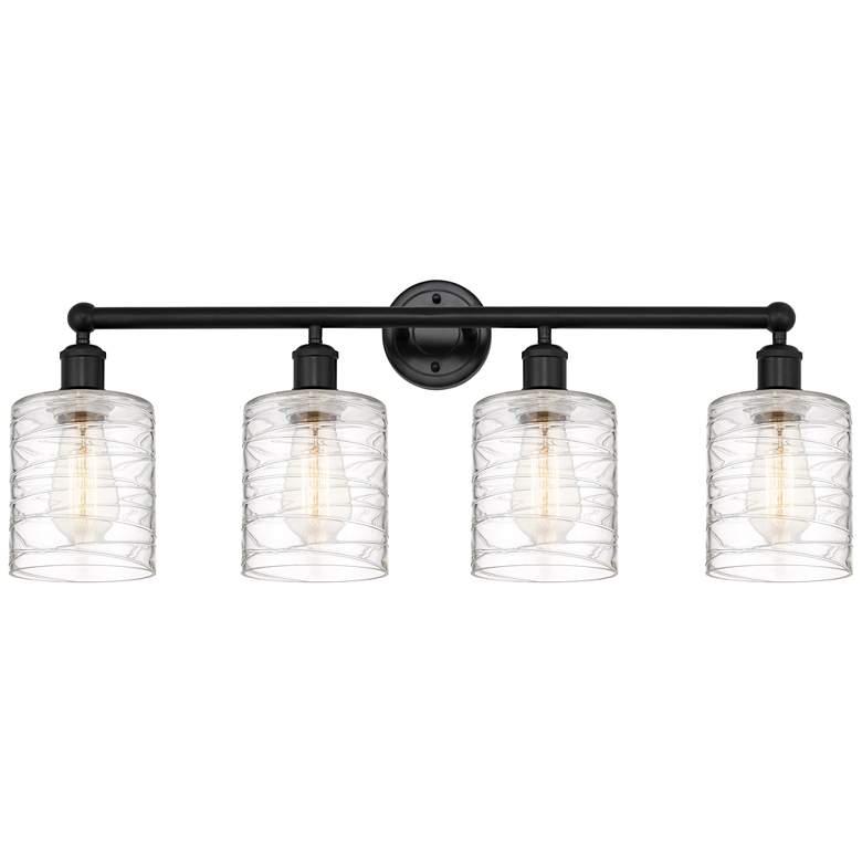 Image 1 Edison Cobbleskill 32" 4-Light Matte Black Bath Light w/ Deco Swirl Sh