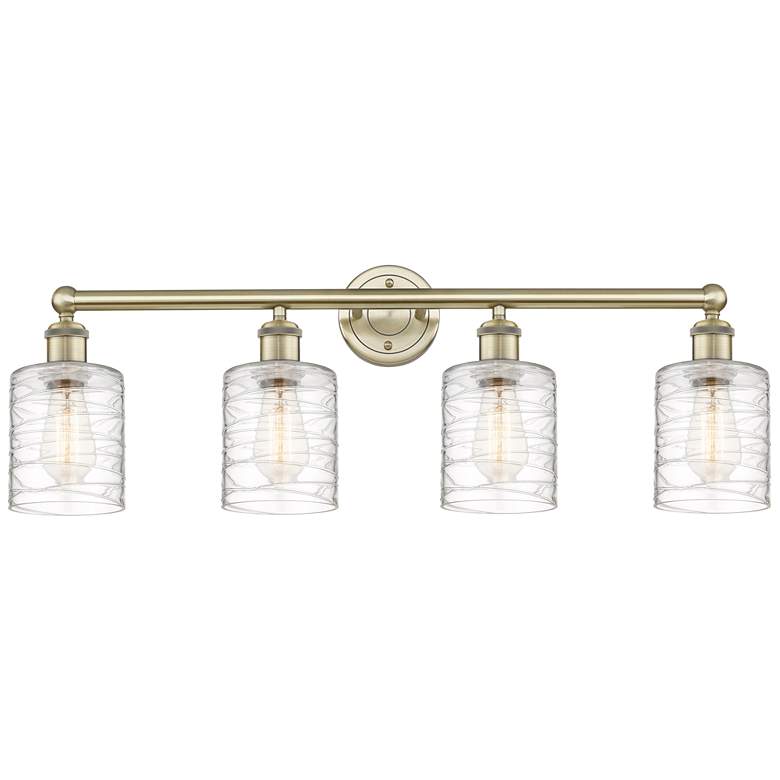 Image 1 Edison Cobbleskill 32 inchW 4 Light Antique Brass Bath Light w/ Swirl Shad
