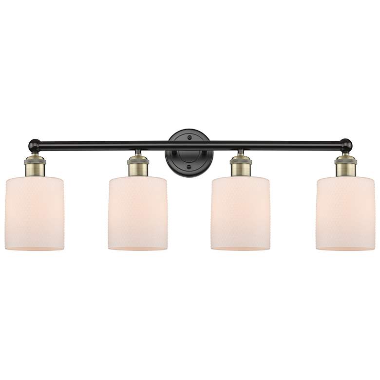 Image 1 Edison Cobbleskill 32"W 4 Light Black Brass Bath Light With White Shad