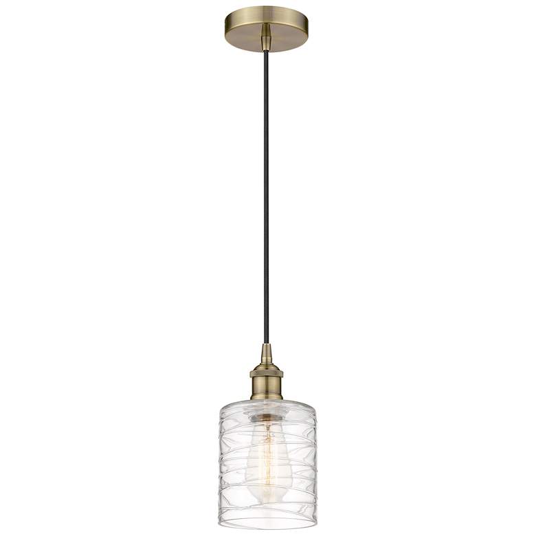 Image 1 Edison Cobbleskill 5" Mini Pendant - Antique Brass - Deco Swirl Shade