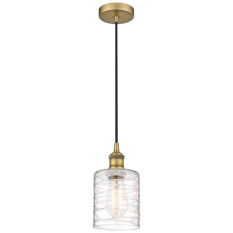 Image 1 Edison Cobbleskill 5" Mini Pendant - Brushed Brass - Deco Swirl Shade