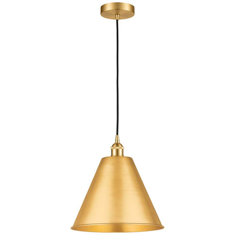 Image 1 Edison Cone 12" Wide Satin Gold Corded Mini Pendant w/ Matte Black Sha