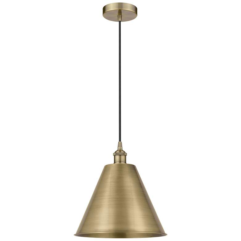 Image 1 Edison Cone 12"W Antique Brass Corded Mini Pendant w/ Antique Brass Sh