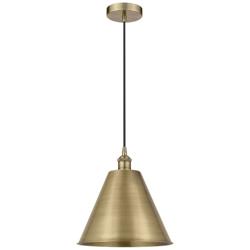 Edison Cone 12"W Antique Brass Corded Mini Pendant w/ Antique Brass Sh