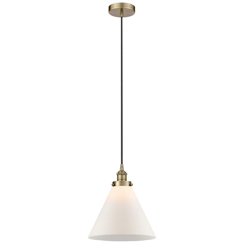 Image 1 Edison Cone 12"W Antique Brass Mini Pendant w/ White Shade