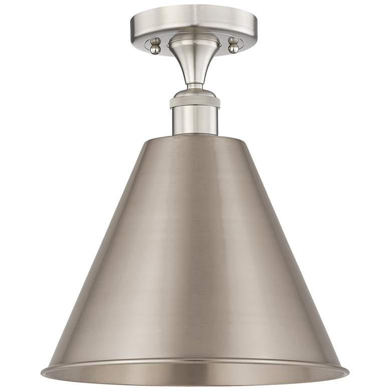 Image 1 Edison Cone 12"W Satin Nickel Semi.Flush Mount w/ Satin Nickel Shade