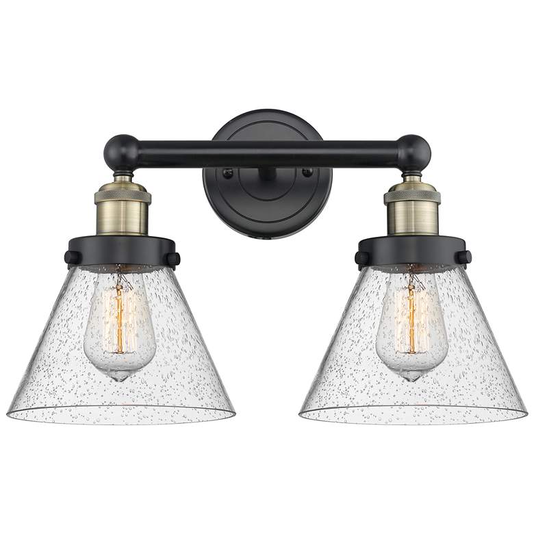 Image 1 Edison Cone 15.5"W 2 Light Black Antique Brass Bath Light With Seedy S