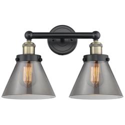 Edison Cone 15.5&quot;W 2 Light Black Brass Bath Light With Plated Smoke Sh