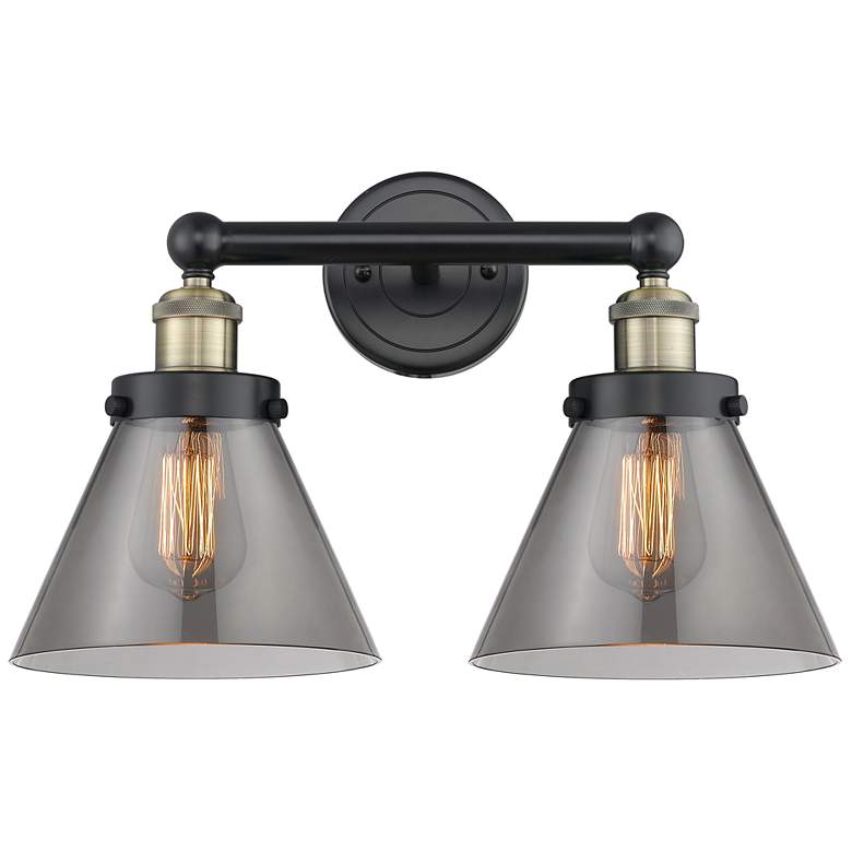 Image 1 Edison Cone 15.5"W 2 Light Black Brass Bath Light With Plated Smoke Sh